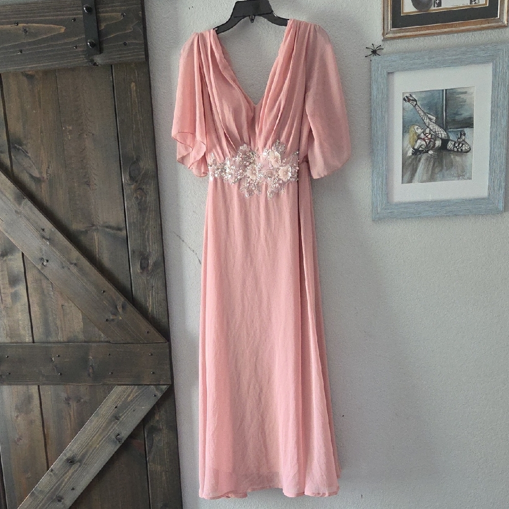 Blush Pink V-Neck Maxi Dress with Floral Waist Embellishment 20 3XL